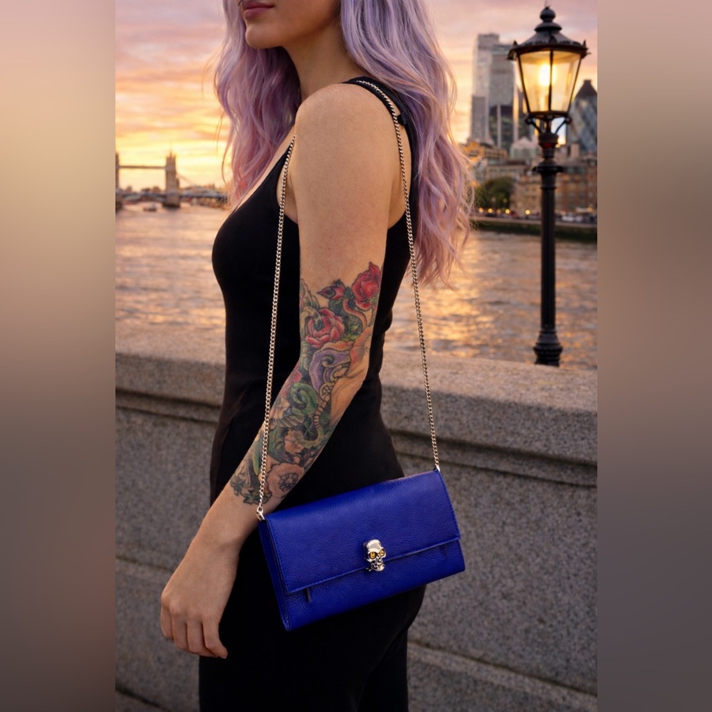 Alexander McQueen leather skull crystal eye chained crossbody bag like new